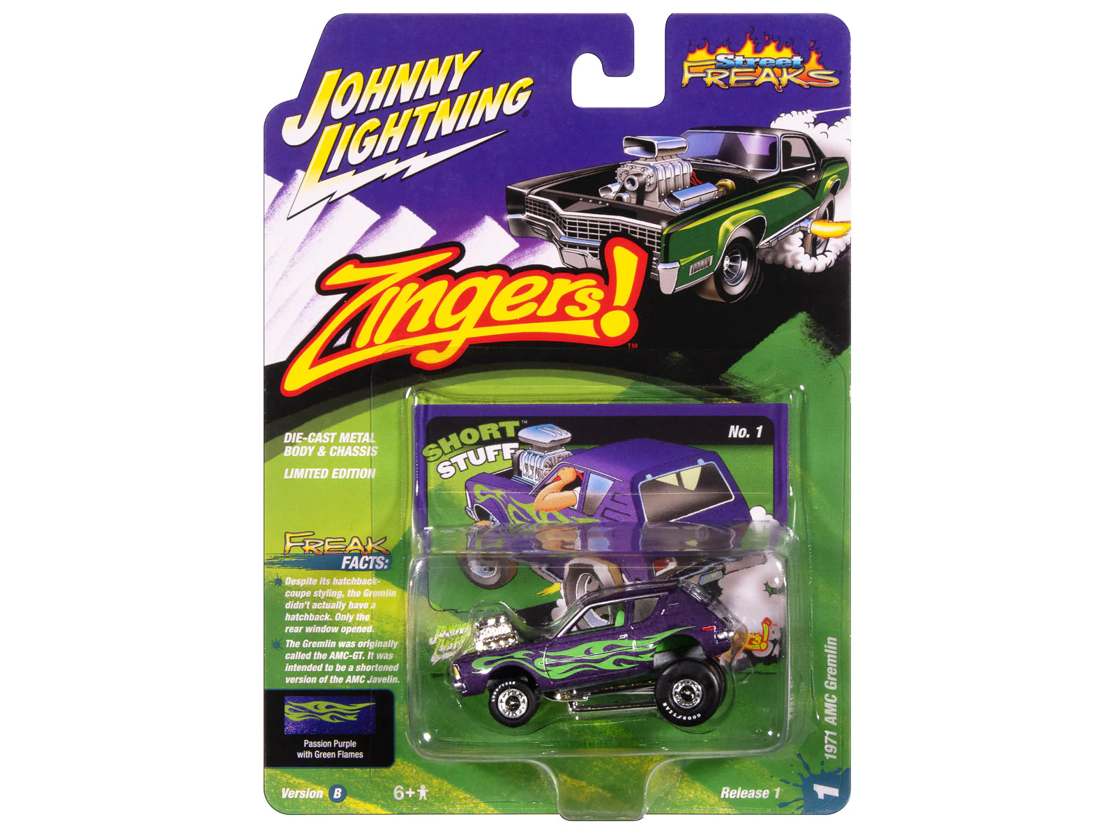 1971 AMC Gremlin Passion Purple Metallic with Green Flames and Interior "Zingers!" Series 1/64 Diecast Model Car by Johnny Lightning - image 3