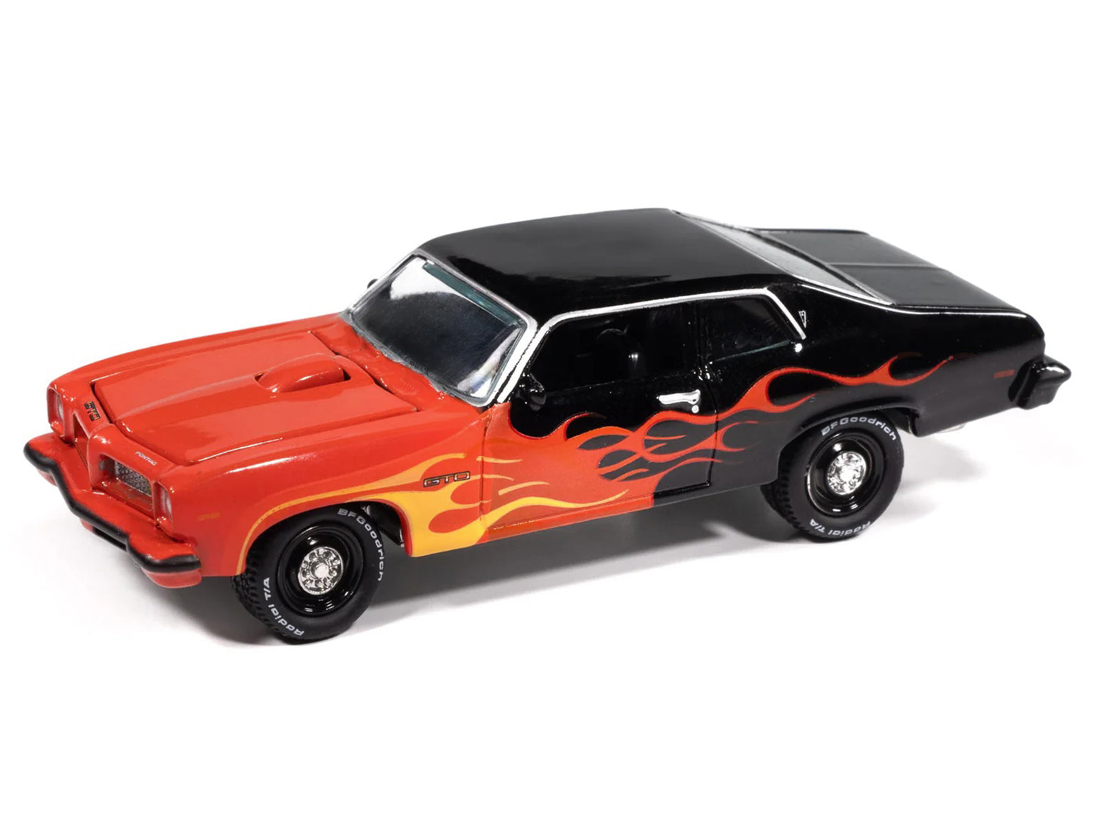 1974 Pontiac GTO Black and Red with Flame Graphics "Black with Flames" Series 1/64 Diecast Model Car by Johnny Lightning - image 2