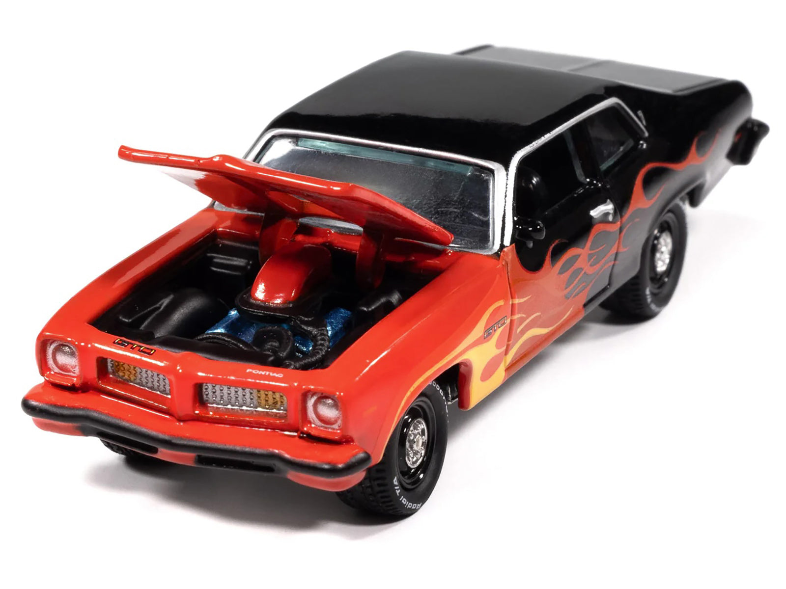 1974 Pontiac GTO Black and Red with Flame Graphics "Black with Flames" Series 1/64 Diecast Model Car by Johnny Lightning - image 3