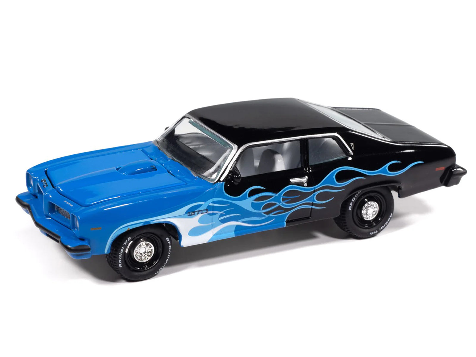 1974 Pontiac GTO Black and Blue with Blue Flame Graphics with White Interior "Black with Flames" Series 1/64 Diecast Model Car by Johnny Lightning - image 2