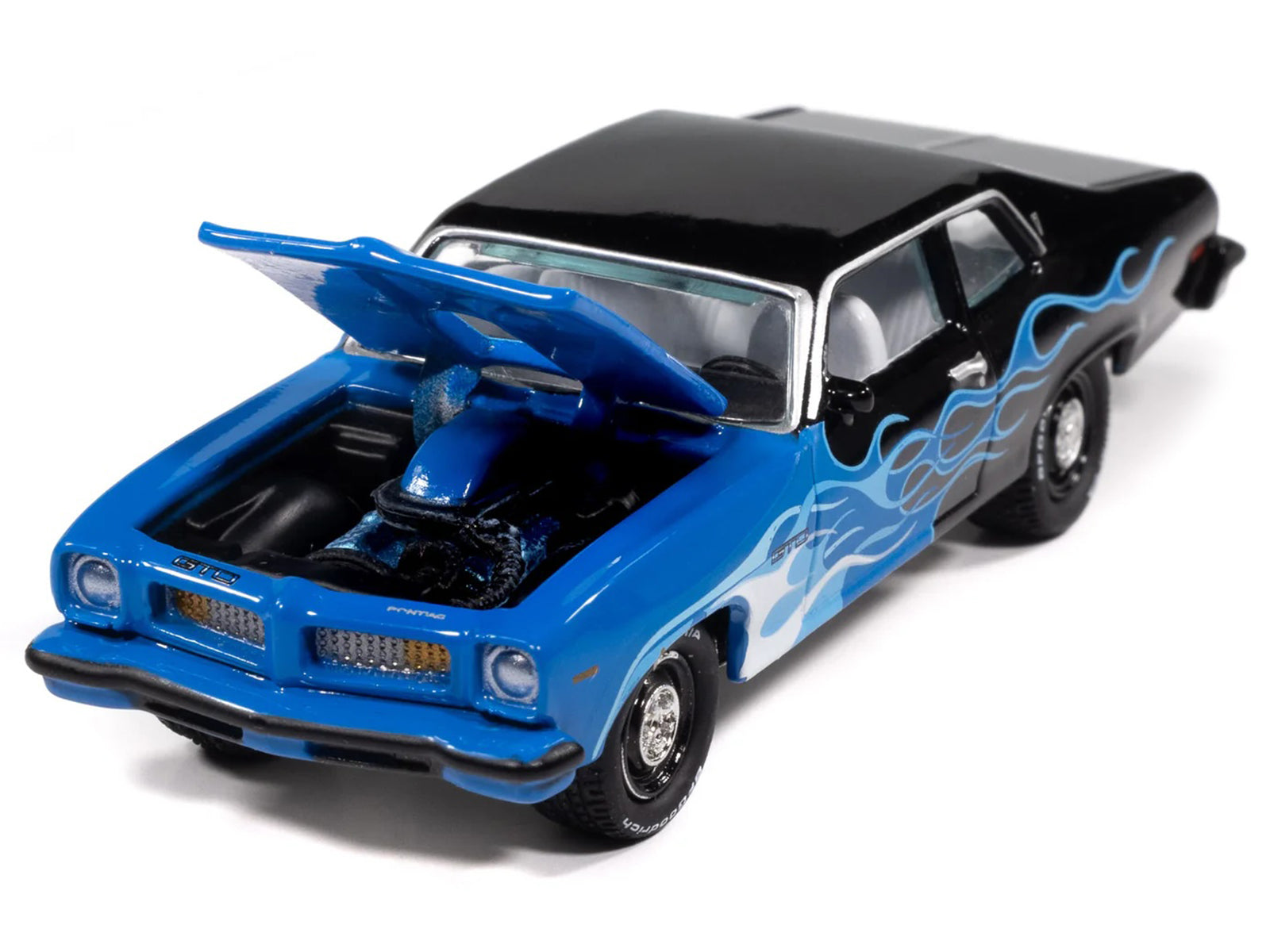 1974 Pontiac GTO Black and Blue with Blue Flame Graphics with White Interior "Black with Flames" Series 1/64 Diecast Model Car by Johnny Lightning - image 3