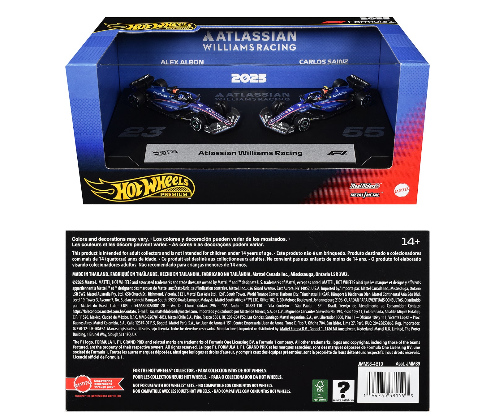 "Atlassian Williams Racing" Formula One F1 World Championship (2025) 2 Piece Set Diecast Model Cars by Hot Wheels