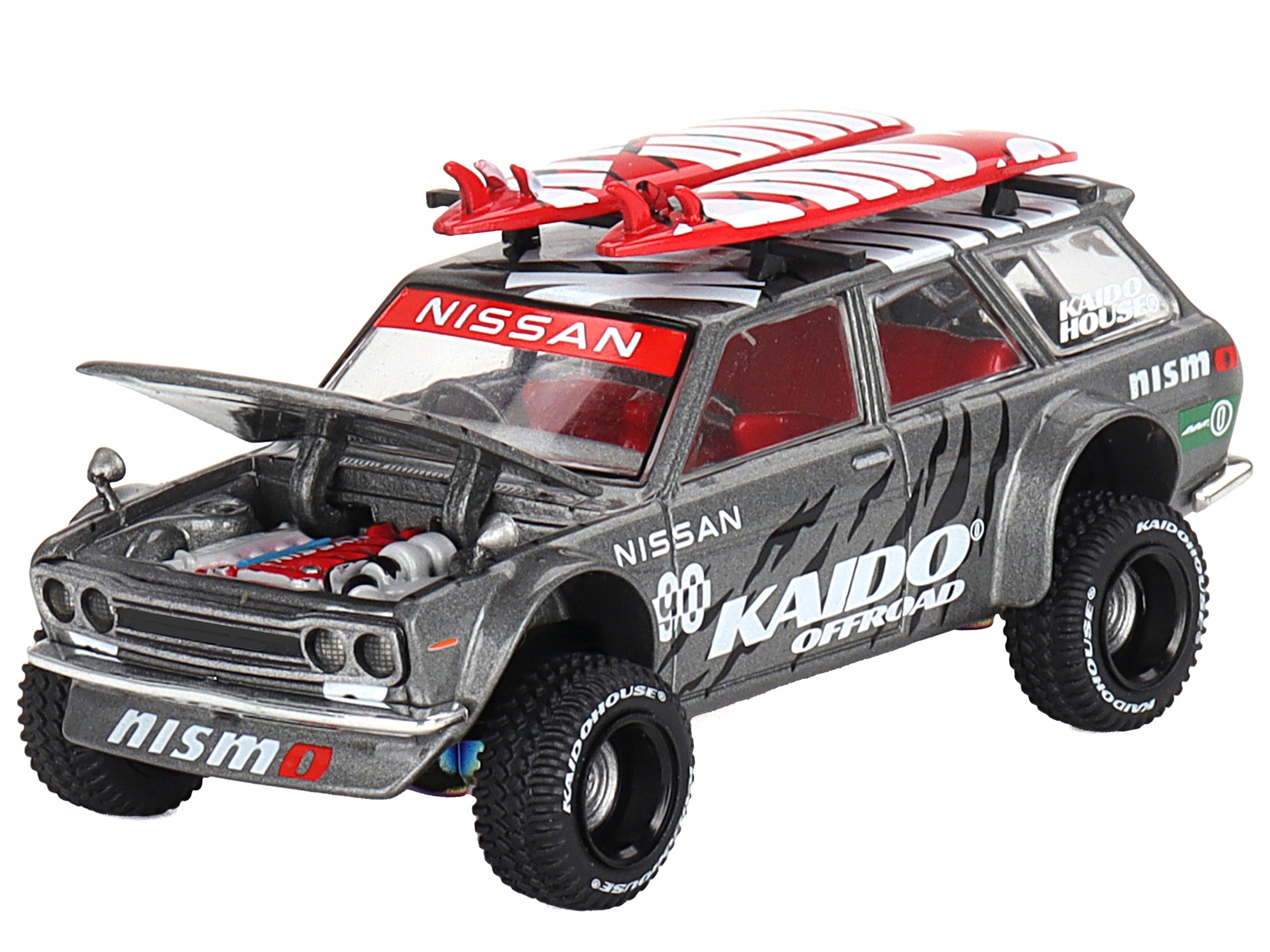 Datsun Kaido 510 Wagon 4x4 RHD (Right Hand Drive) "Kaido Offroad V1" Gray Metallic with Red Interior and Surfboards on Roof (Designed by Jun Imai) "Kaido House" Special 1/64 Diecast Model Car by Mini GT - image 2