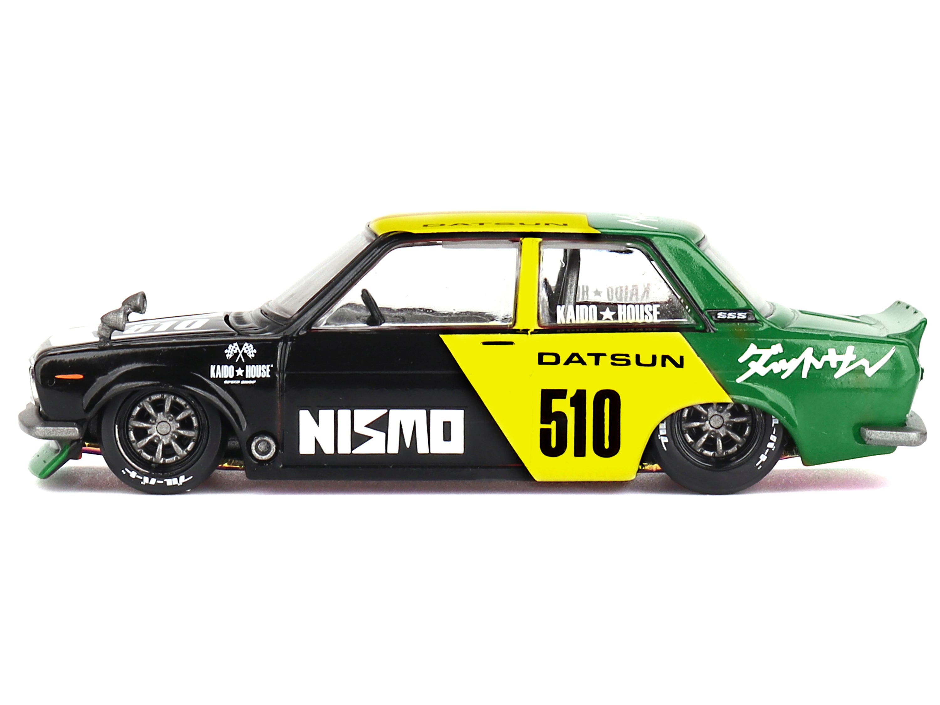 Datsun Street 510 "Racing V2" Black and Green with Yellow Accents (Designed by Jun Imai) "Kaido House" Special 1/64 Diecast Model Car by Mini GT - image 2