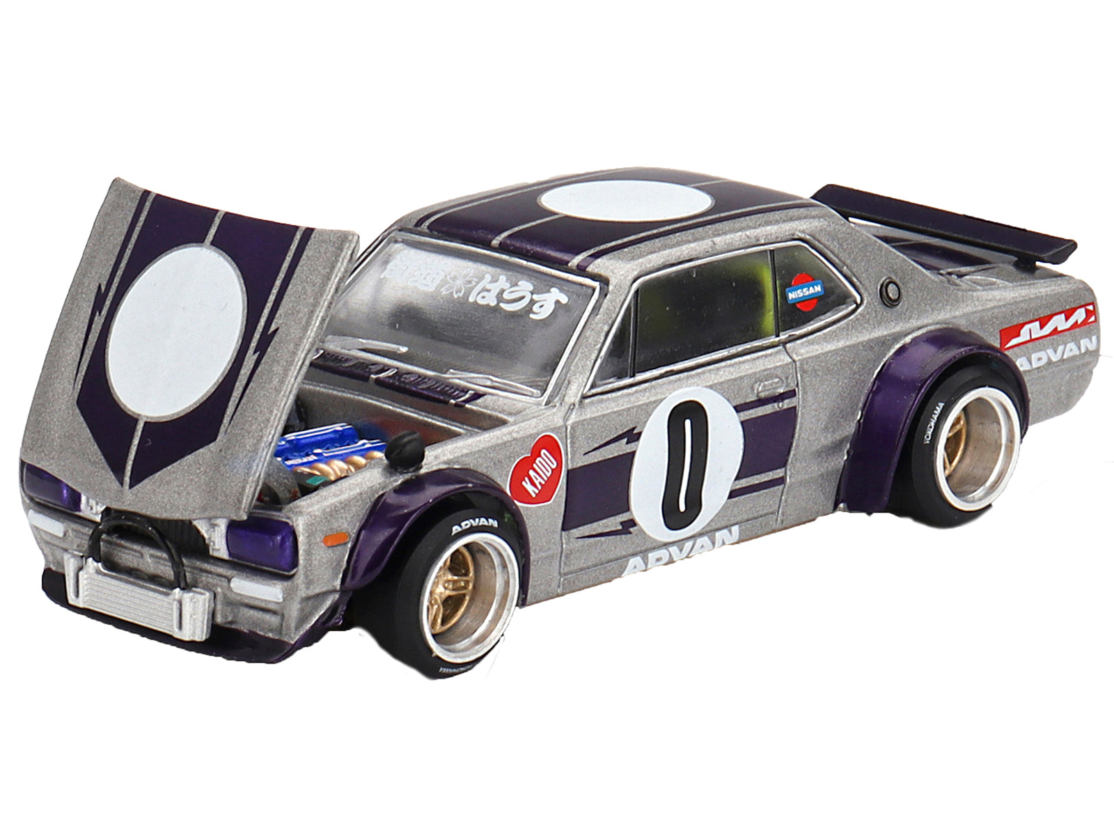 Nissan Skyline 2000GT-R (KPGC10) "Kaido Works V1" RHD (Right Hand Drive) #0 Silver Metallic with Purple Stripes (Designed by Jun Imai) "Kaido House" Special 1/64 Diecast Model Car by Mini GT - image 2