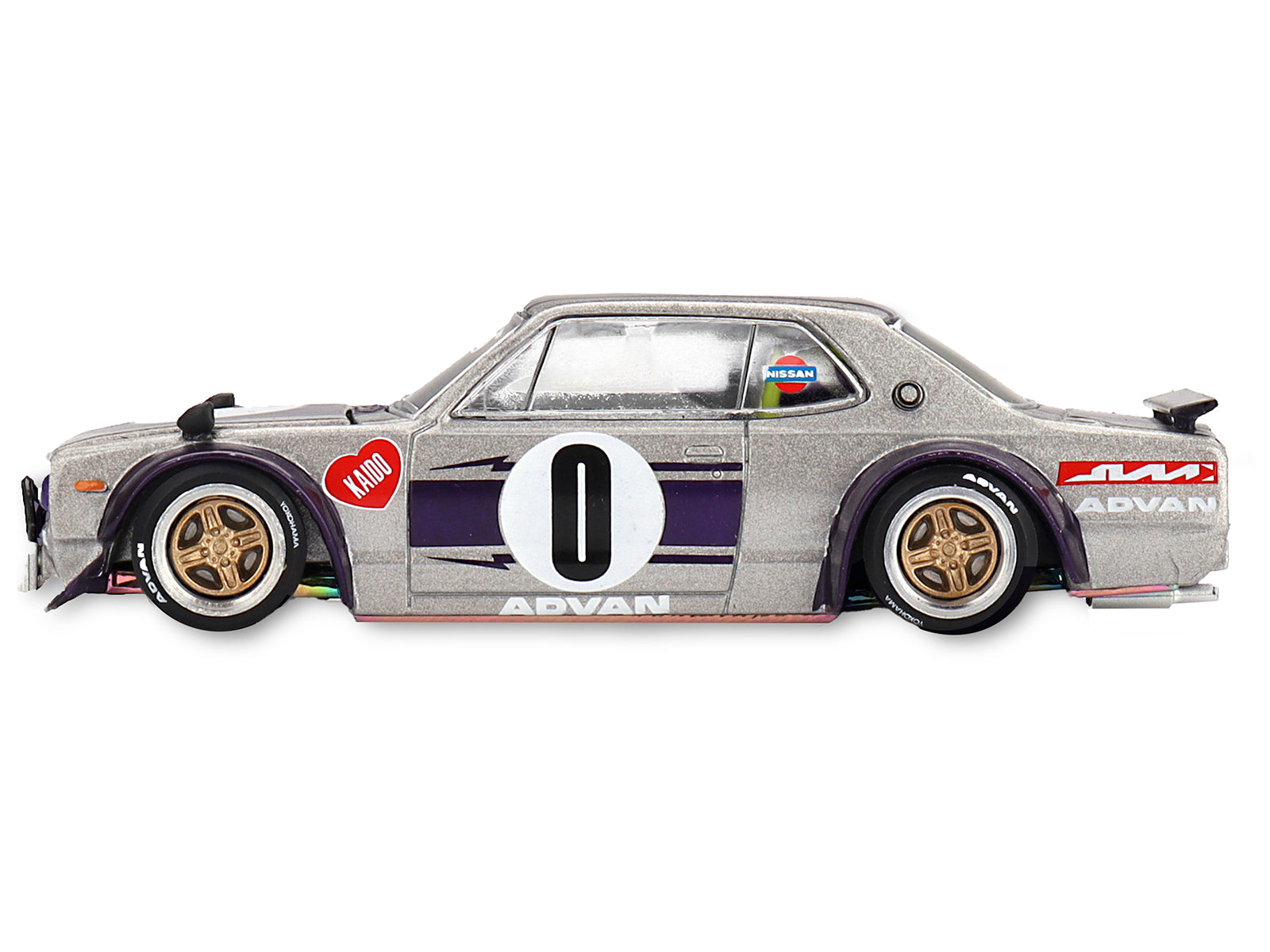 Nissan Skyline 2000GT-R (KPGC10) "Kaido Works V1" RHD (Right Hand Drive) #0 Silver Metallic with Purple Stripes (Designed by Jun Imai) "Kaido House" Special 1/64 Diecast Model Car by Mini GT - image 4