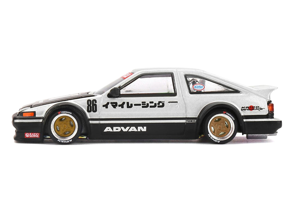 Toyota AE86 Sprinter Trueno RHD (Right Hand Drive) #86 "Kaido Street V2" Silver Metallic and Black with Carbon Hood and Graphics (Designed by Jun Imai) "Kaido House" 1/64 Die Cast Model Car by Mini GT - image 2