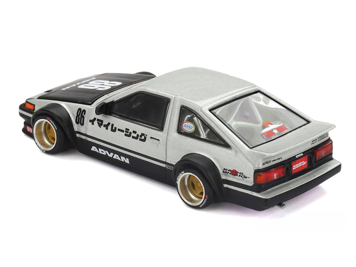 Toyota AE86 Sprinter Trueno RHD (Right Hand Drive) #86 "Kaido Street V2" Silver Metallic and Black with Carbon Hood and Graphics (Designed by Jun Imai) "Kaido House" 1/64 Die Cast Model Car by Mini GT - image 3
