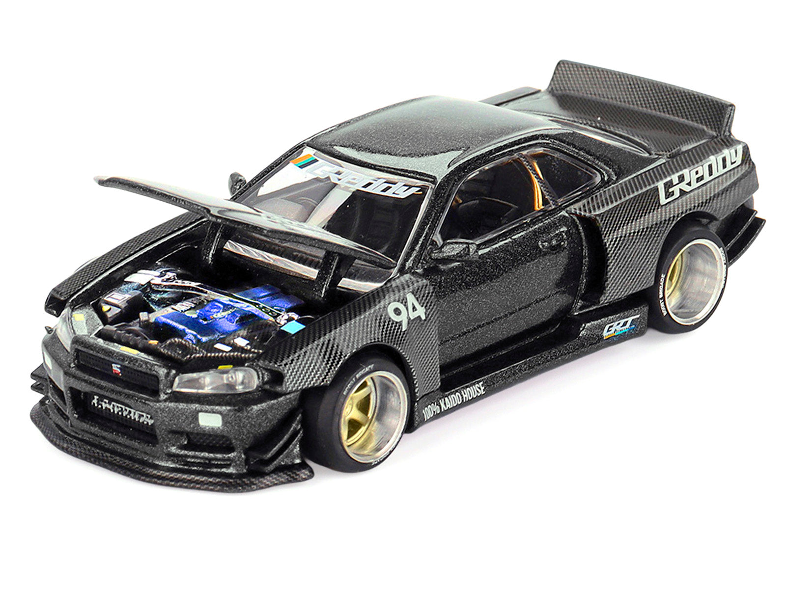 Nissan Skyline GT-R (R34) RHD (Right Hand Drive) #94 "Kaido Works GReddy V2" Carbon Fiber and Dark Gray Metallic (Designed by Jun Imai) "Kaido House" Special 1/64 Diecast Model Car by Mini GT - image 2