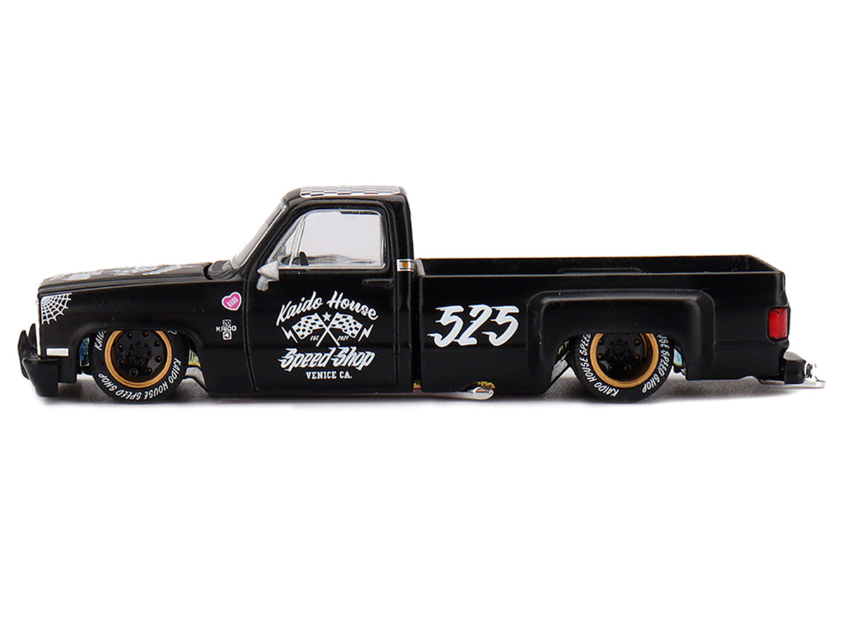 Chevrolet Silverado Dually Pickup Truck "Hot Rod V1" Matt Black with Checkered Top and Graphics (Designed by Jun Imai) "Kaido House" Special 1/64 Diecast Model Car by Mini GT