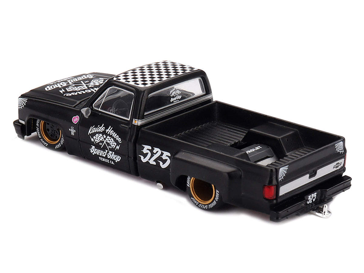 Chevrolet Silverado Dually Pickup Truck "Hot Rod V1" Matt Black with Checkered Top and Graphics (Designed by Jun Imai) "Kaido House" Special 1/64 Diecast Model Car by Mini GT