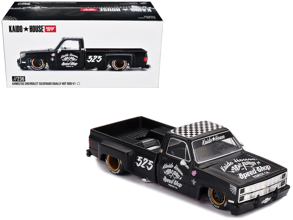 Chevrolet Silverado Dually Pickup Truck "Hot Rod V1" Matt Black with Checkered Top and Graphics (Designed by Jun Imai) "Kaido House" Special 1/64 Diecast Model Car by Mini GT