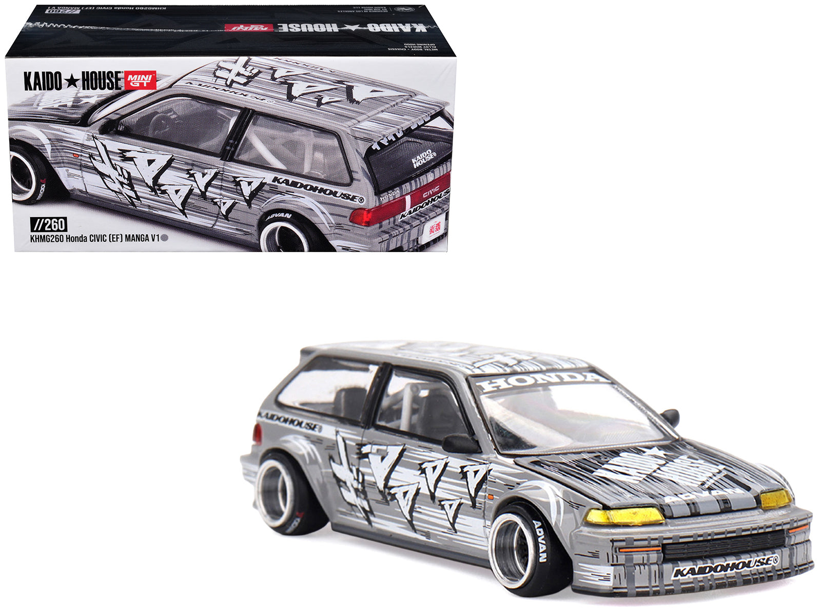 Honda Civic (EF) "Manga V1" Gray Metallic with Graphics (Designed by Jun Imai) "Kaido House" Special 1/64 Diecast Model Car by Mini GT
