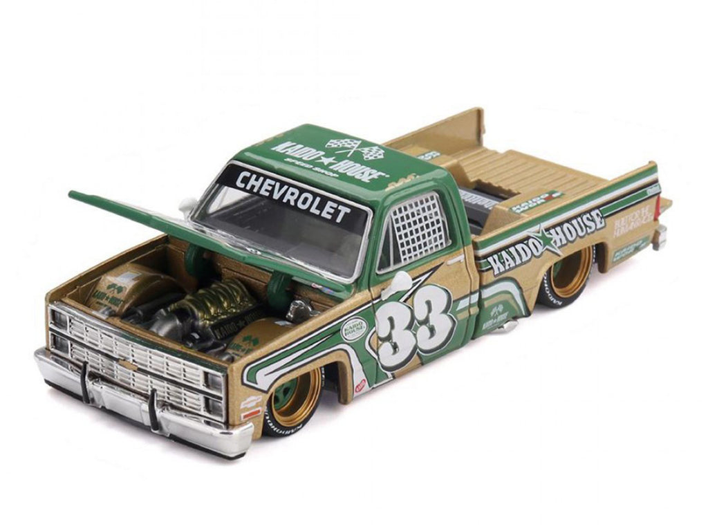 Chevrolet Silverado Pickup Truck #33 "Kaido Intimidator V2" Green and Gold with Graphics (Designed by Jun Imai) "Kaido House" Special 1/64 Diecast Model Car by Mini GT - image 2