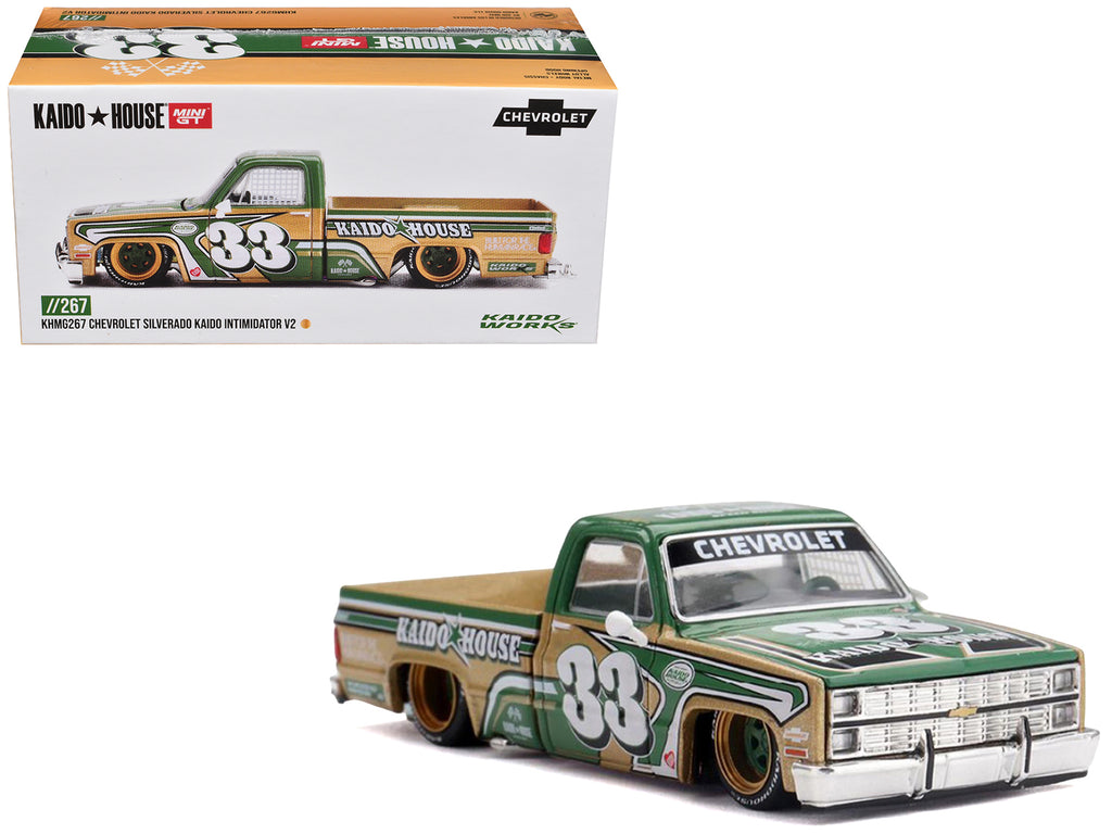 Chevrolet Silverado Pickup Truck #33 "Kaido Intimidator V2" Green and Gold with Graphics (Designed by Jun Imai) "Kaido House" Special 1/64 Diecast Model Car by Mini GT