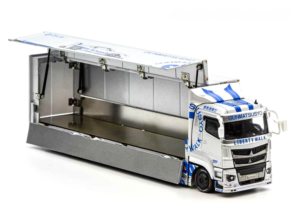 Mitsubishi Fuso Super Great Transporter RHD (Right Hand Drive) "LB-Trucks - Gunmatsusyo" Silver Metallic with Blue Graphics "Tokyo Auto Salon (TAS) 2026 Exclusive" 1/64 Diecast Model by GCD
