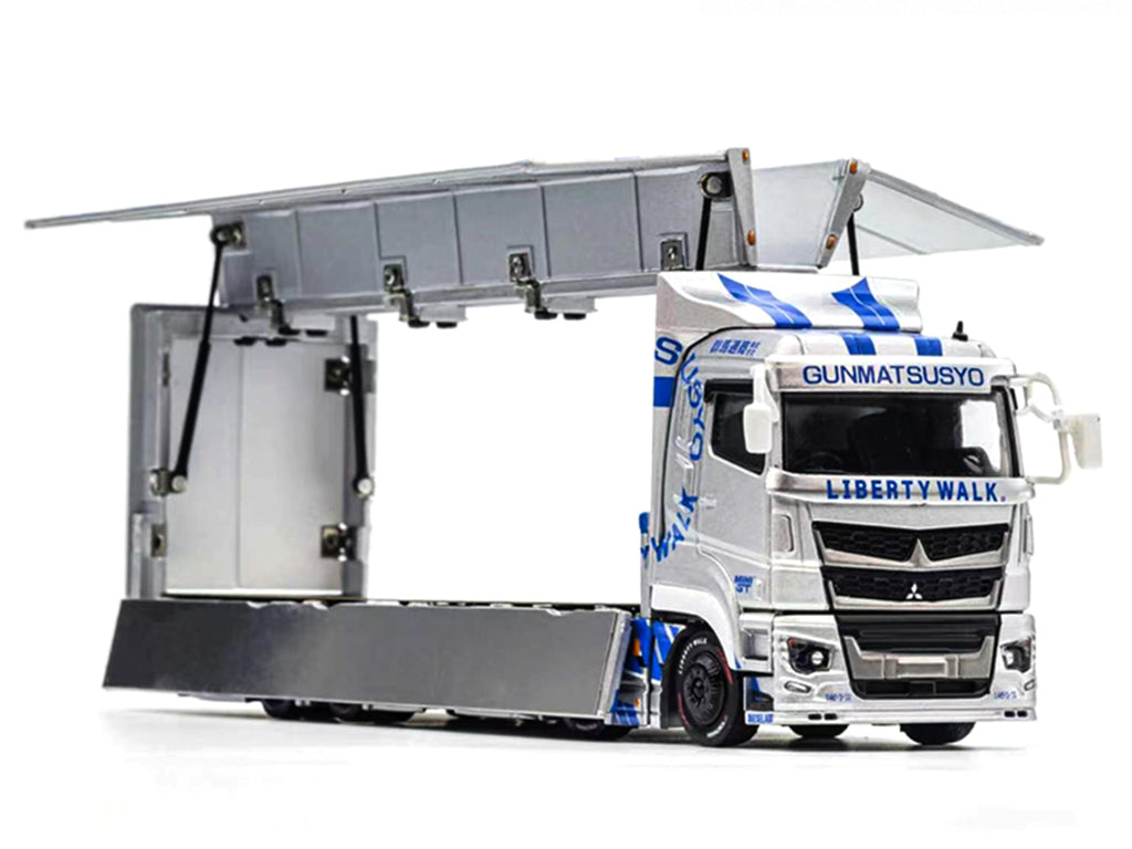 Mitsubishi Fuso Super Great Transporter RHD (Right Hand Drive) "LB-Trucks - Gunmatsusyo" Silver Metallic with Blue Graphics "Tokyo Auto Salon (TAS) 2026 Exclusive" 1/64 Diecast Model by GCD