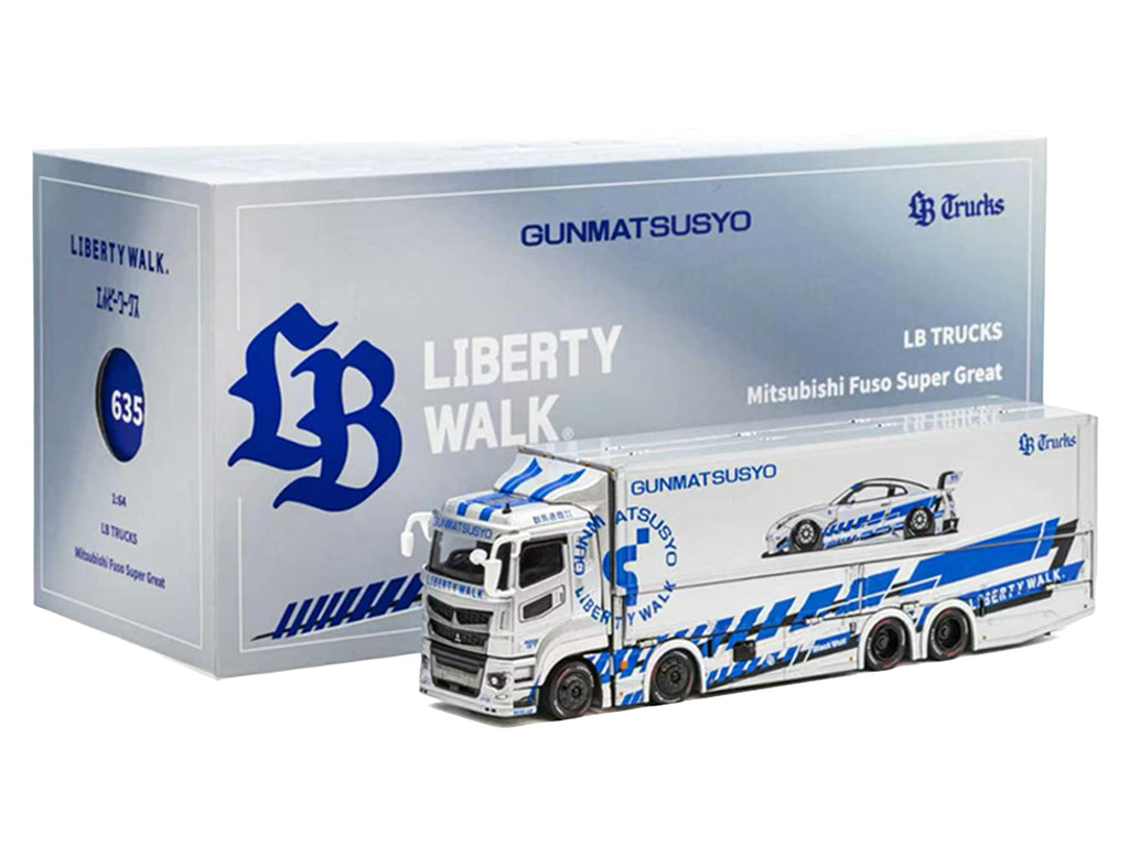 Mitsubishi Fuso Super Great Transporter RHD (Right Hand Drive) "LB-Trucks - Gunmatsusyo" Silver Metallic with Blue Graphics "Tokyo Auto Salon (TAS) 2026 Exclusive" 1/64 Diecast Model by GCD