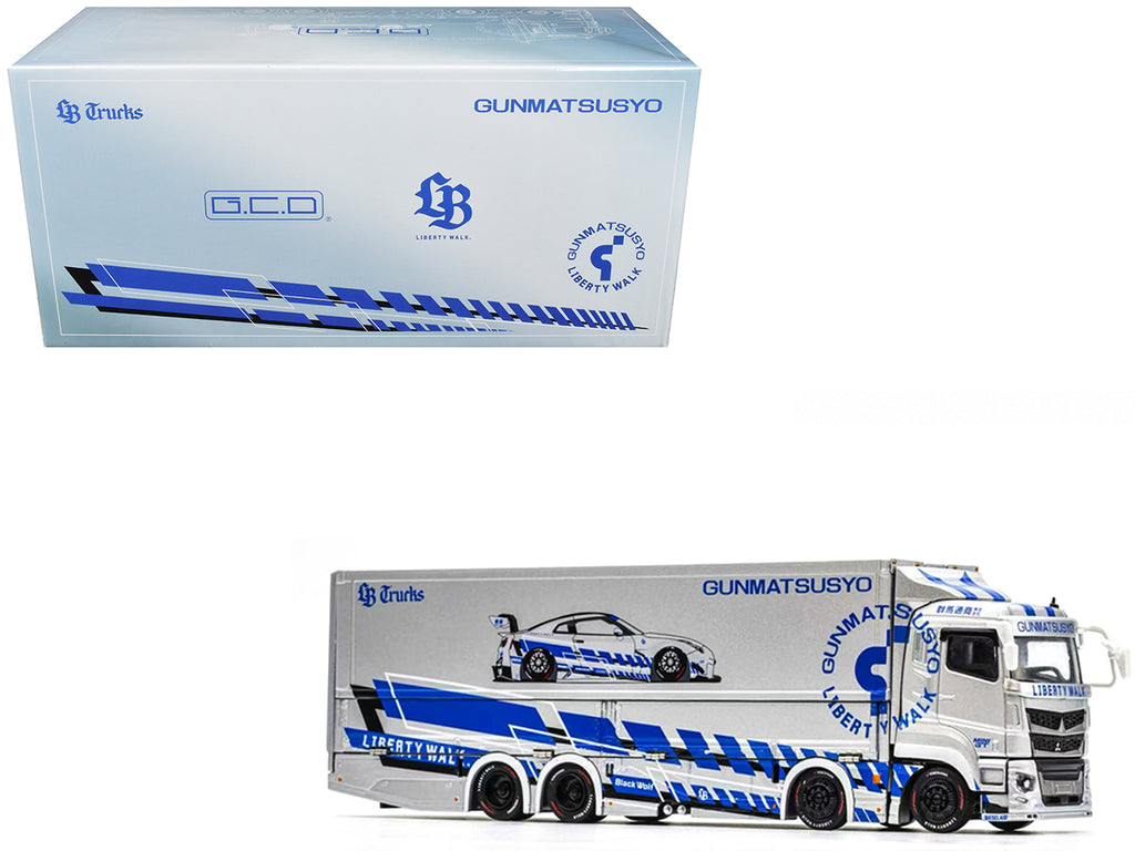 Mitsubishi Fuso Super Great Transporter RHD (Right Hand Drive) "LB-Trucks - Gunmatsusyo" Silver Metallic with Blue Graphics "Tokyo Auto Salon (TAS) 2026 Exclusive" 1/64 Diecast Model by GCD