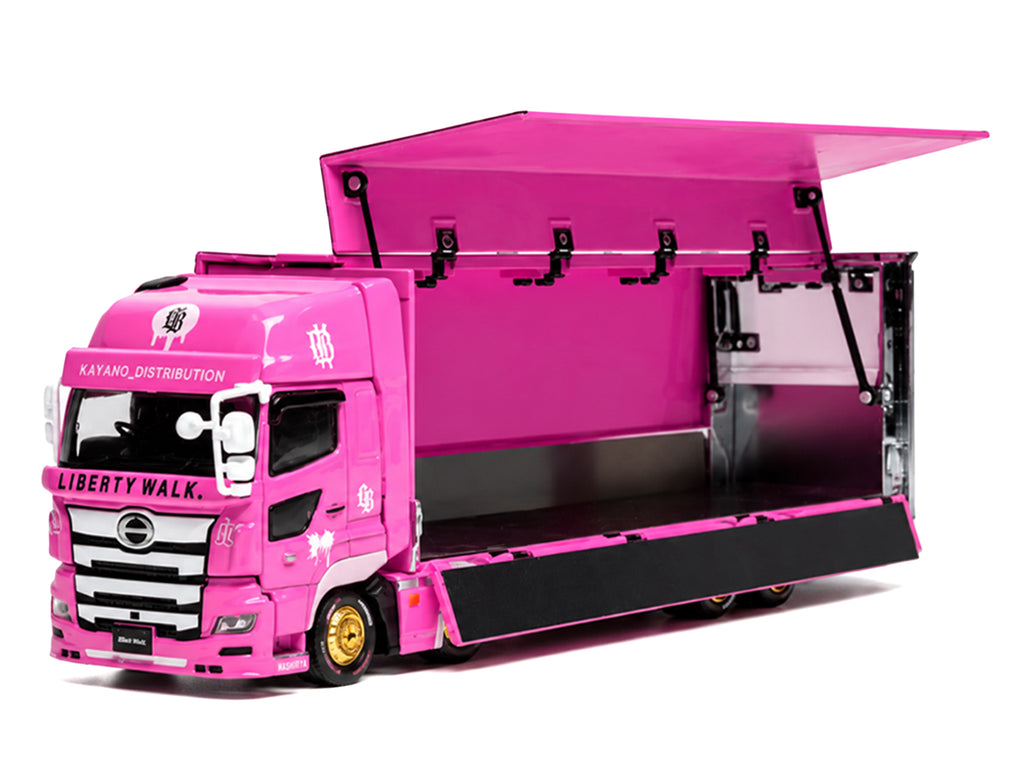 Hino 700 Transporter RHD (Right Hand Drive) "LB-Trucks - Kayano_Distr." Pink Metallic with Graphics 1/64 Diecast Model by GCD
