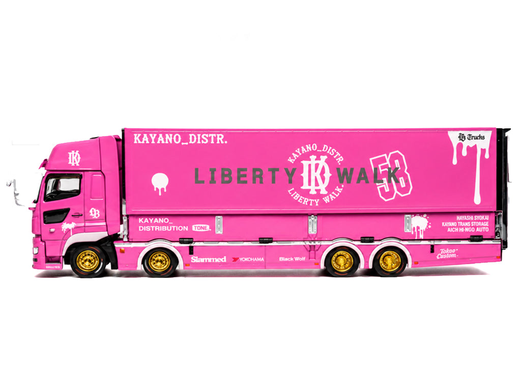 Hino 700 Transporter RHD (Right Hand Drive) "LB-Trucks - Kayano_Distr." Pink Metallic with Graphics 1/64 Diecast Model by GCD