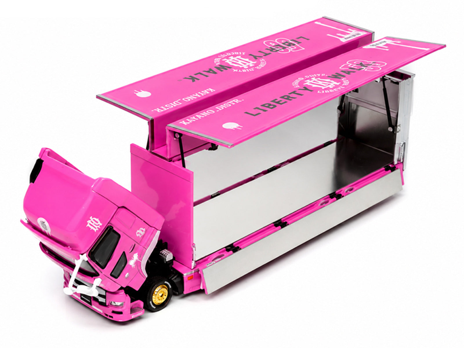 Hino 700 Transporter RHD (Right Hand Drive) "LB-Trucks - Kayano_Distr." Pink Metallic with Graphics 1/64 Diecast Model by GCD