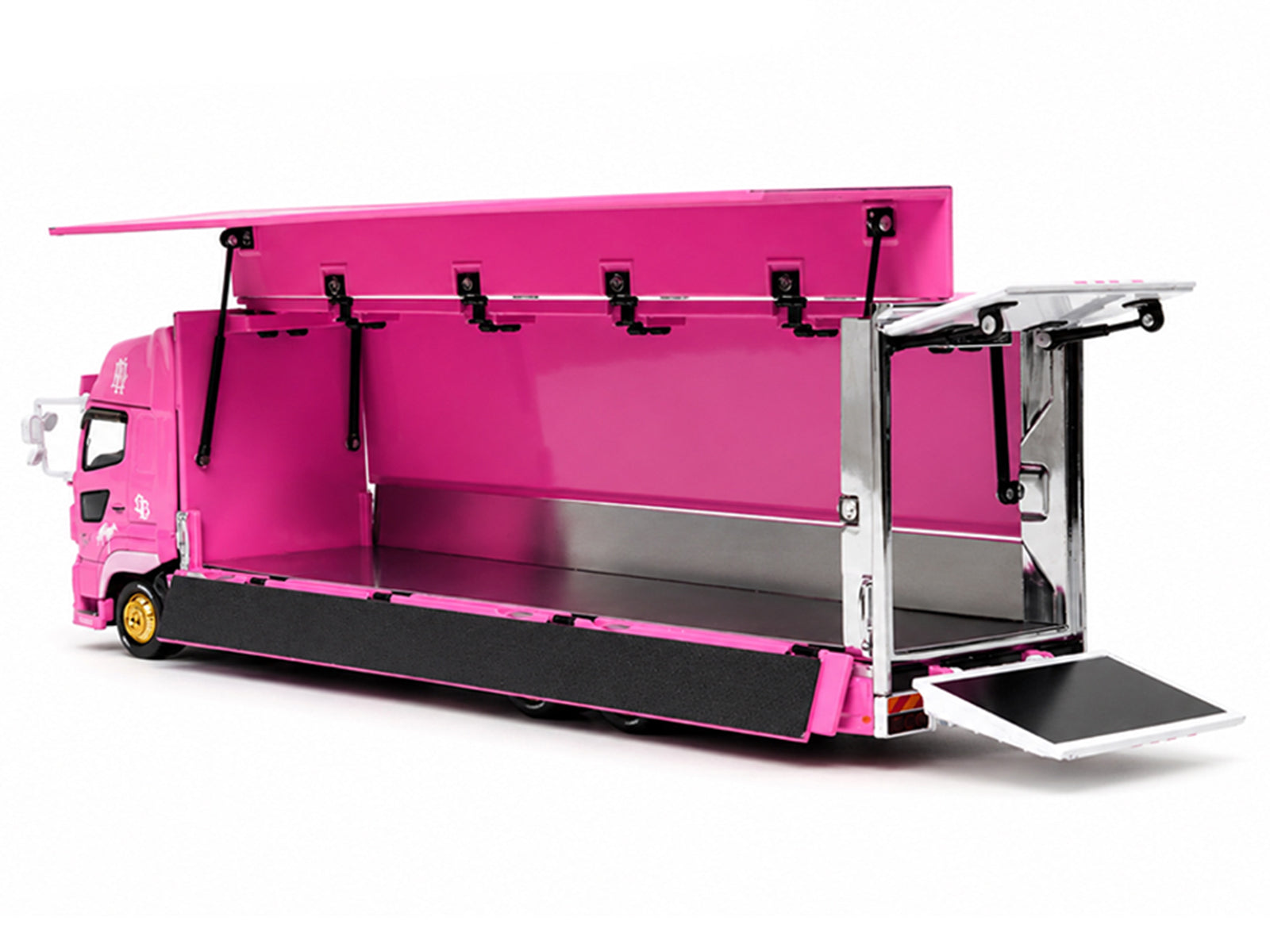 Hino 700 Transporter RHD (Right Hand Drive) "LB-Trucks - Kayano_Distr." Pink Metallic with Graphics 1/64 Diecast Model by GCD