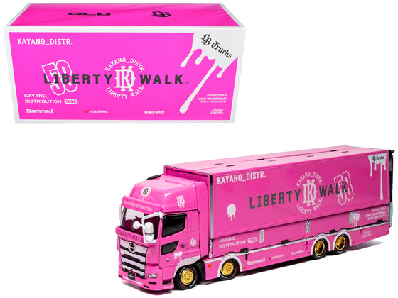 Hino 700 Transporter RHD (Right Hand Drive) "LB-Trucks - Kayano_Distr." Pink Metallic with Graphics 1/64 Diecast Model by GCD