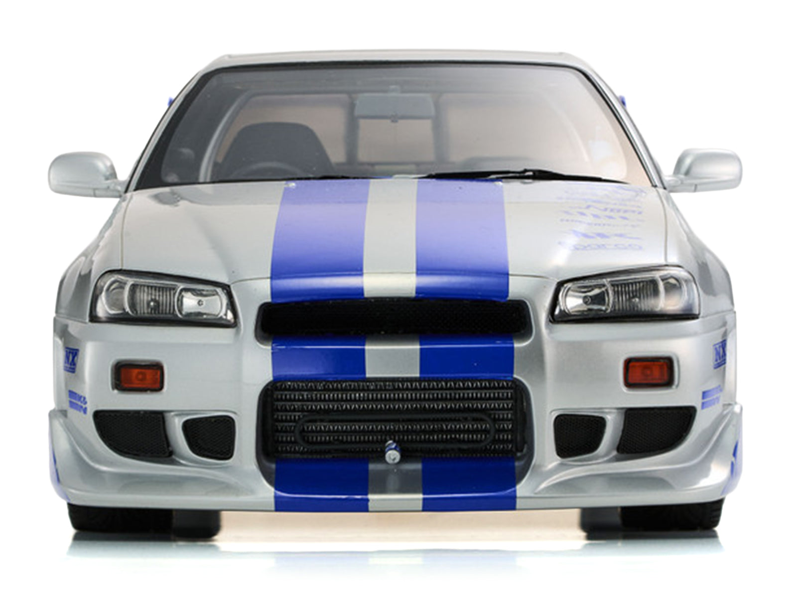 Nissan Skyline GT-R (R34) RHD (Right Hand Drive) Silver Metallic with Blue Graphics "2 Fast 2 Furious" (2003) Movie 1/12 Model Car by Kyosho - image 4