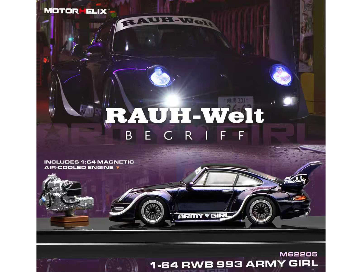 RWB 993 "Army Girl" Blue Metallic with White Accents and Display Engin 1/64 Diecast Model Car by MotorHelix - image 3