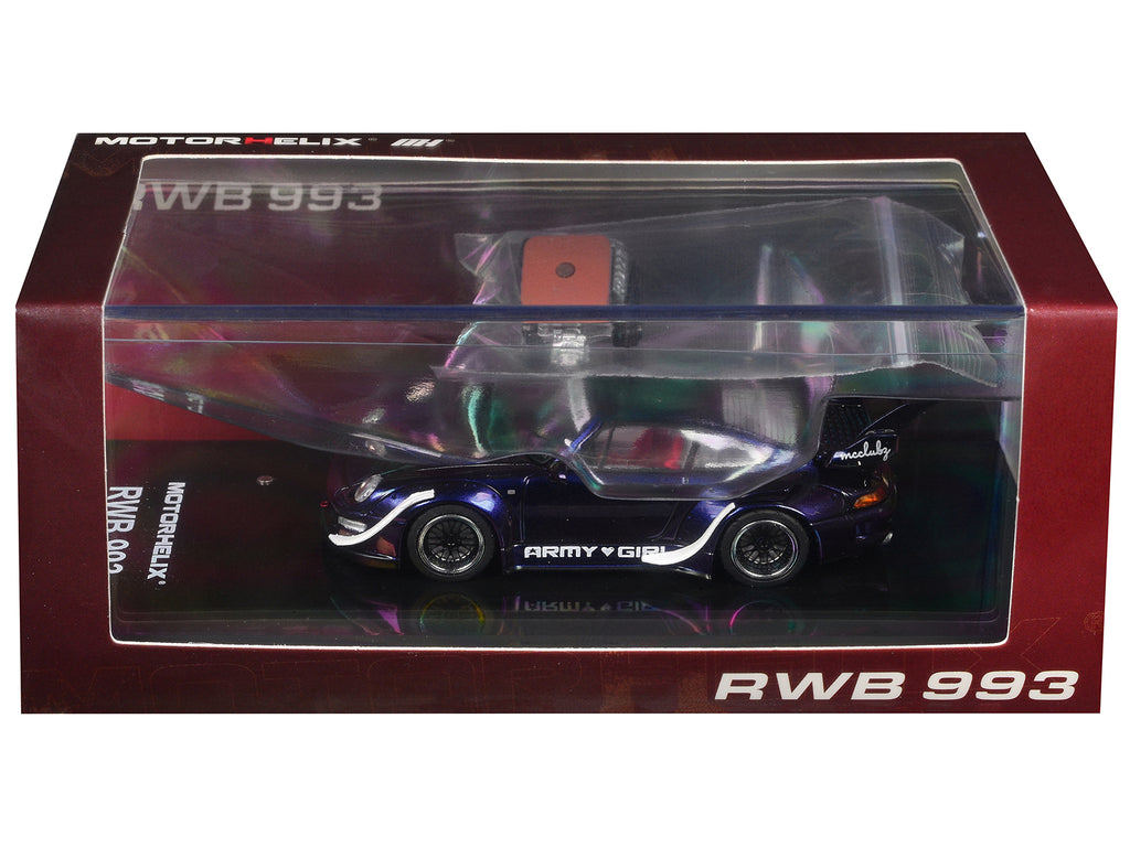 RWB 993 "Army Girl" Blue Metallic with White Accents and Display Engin 1/64 Diecast Model Car by MotorHelix