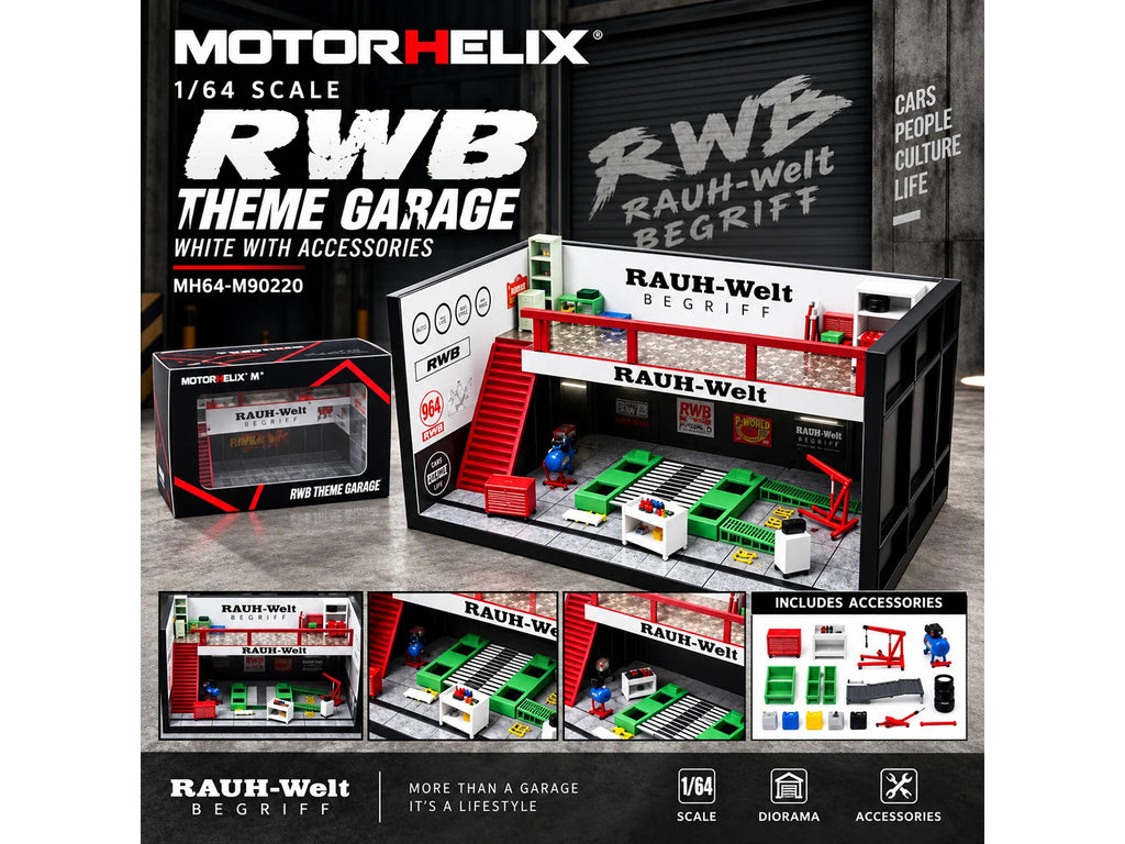 "RWB" Garage Diorama White with Accessories 1/64 Model by MotorHelix - image 5