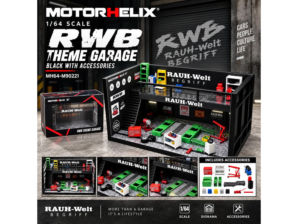 "RWB" Garage Diorama Black with Accessories 1/64 Model by MotorHelix - image 5