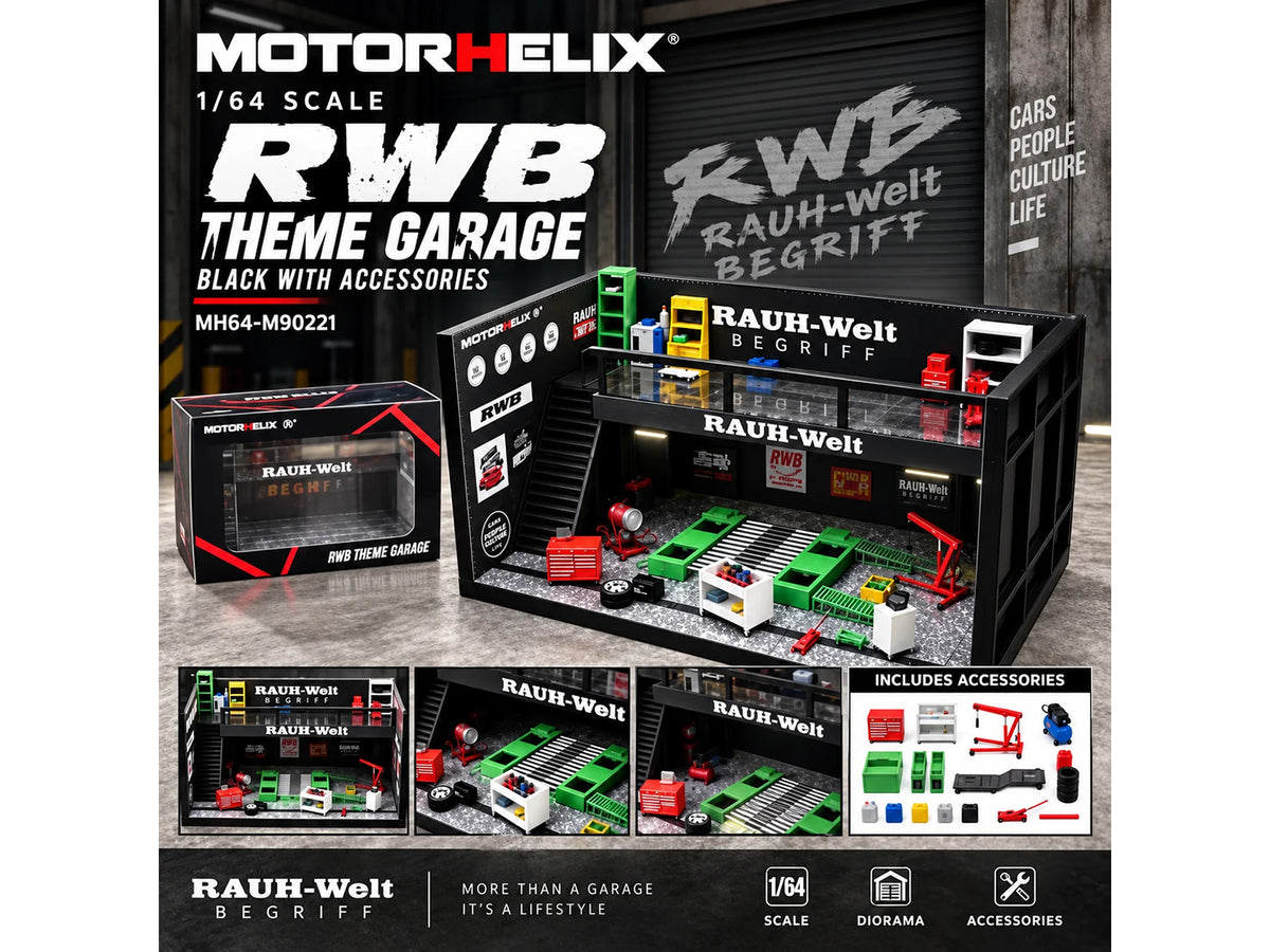 "RWB" Garage Diorama Black with Accessories 1/64 Model by MotorHelix - image 5