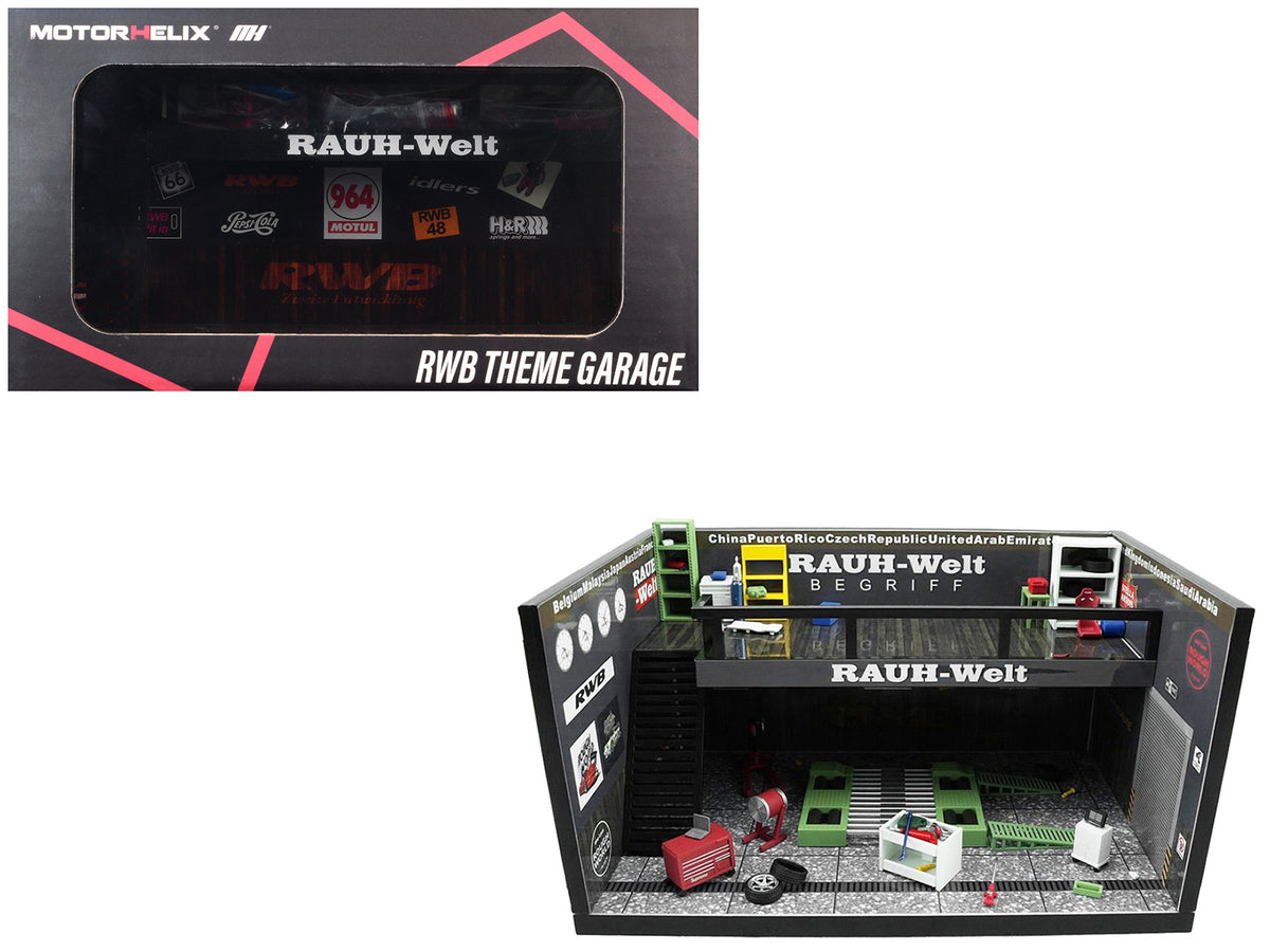 "RWB" Garage Diorama Black with Accessories 1/64 Model by MotorHelix