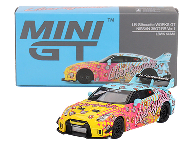 Nissan 35GT-RR Ver.1 "LB-Silhouette Works GT" Light Blue and Yellow with Graphics "LBWK KUMA" Limited Edition 1/64 Diecast Model Car by Mini GT - image 4