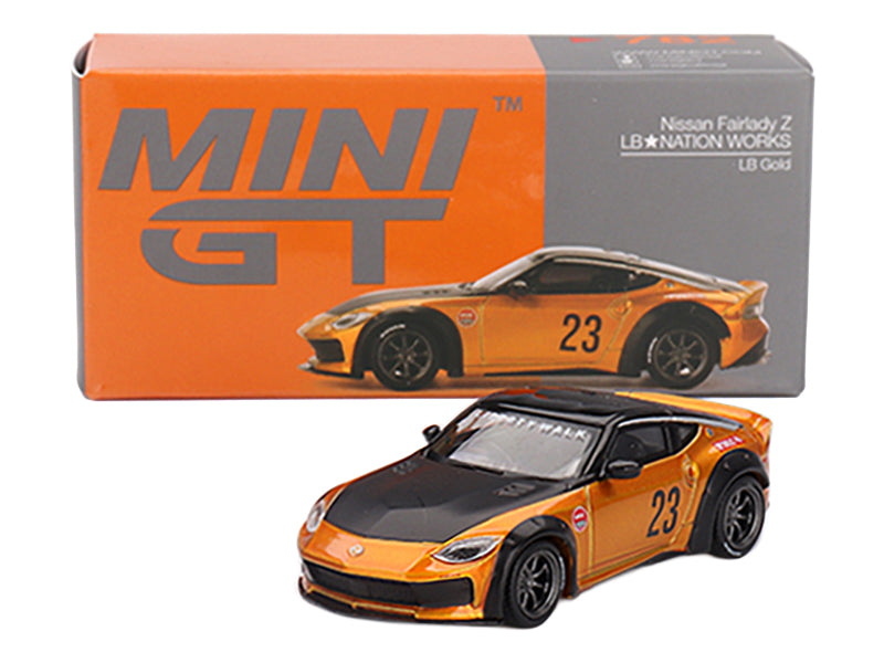Nissan Fairlady Z #23 "LB-NATION WORKS" LB Gold Metallic with Matt Black Hood and Black Top Limited Edition 1/64 Diecast Model Car by Mini GT - image 4
