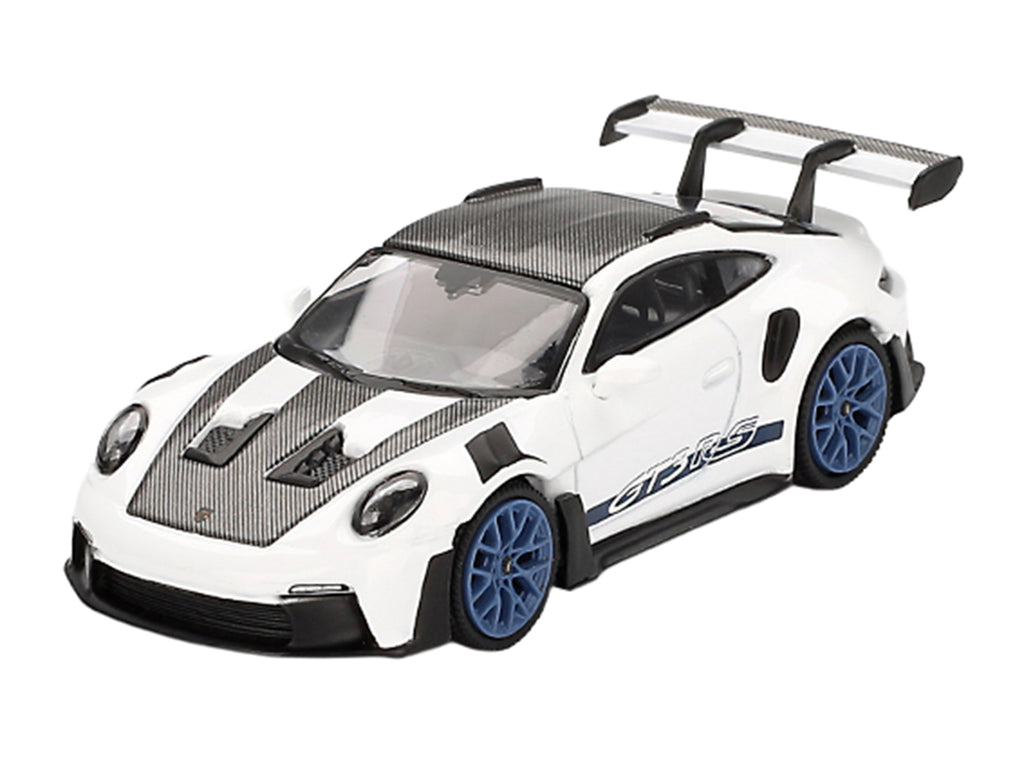 Porsche 911 (992) GT3 RS Weissach Package White with Carbon Top and Hood and Indigo Blue Wheels Limited Edition 1/64 Diecast Model Car by Mini GT - image 2