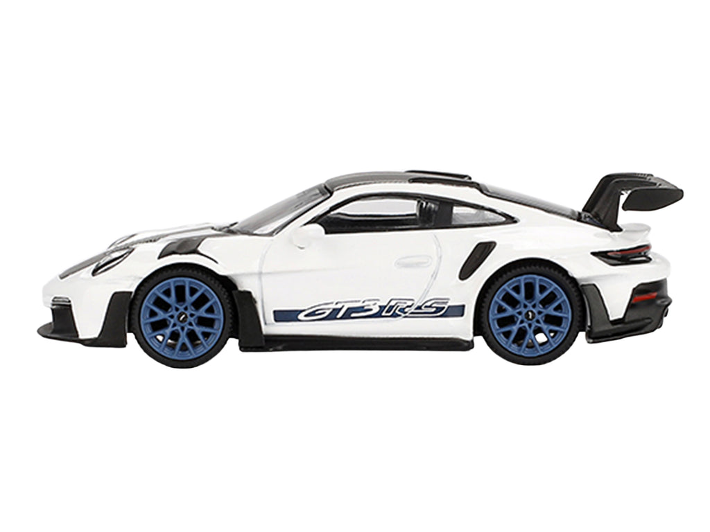 Porsche 911 (992) GT3 RS Weissach Package White with Carbon Top and Hood and Indigo Blue Wheels Limited Edition 1/64 Diecast Model Car by Mini GT - image 3