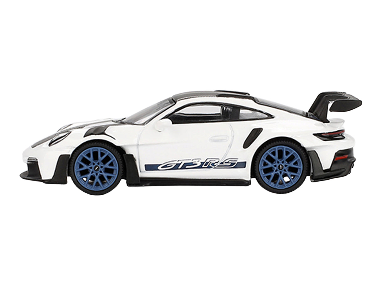 Porsche 911 (992) GT3 RS Weissach Package White with Carbon Top and Hood and Indigo Blue Wheels Limited Edition 1/64 Diecast Model Car by Mini GT - image 3