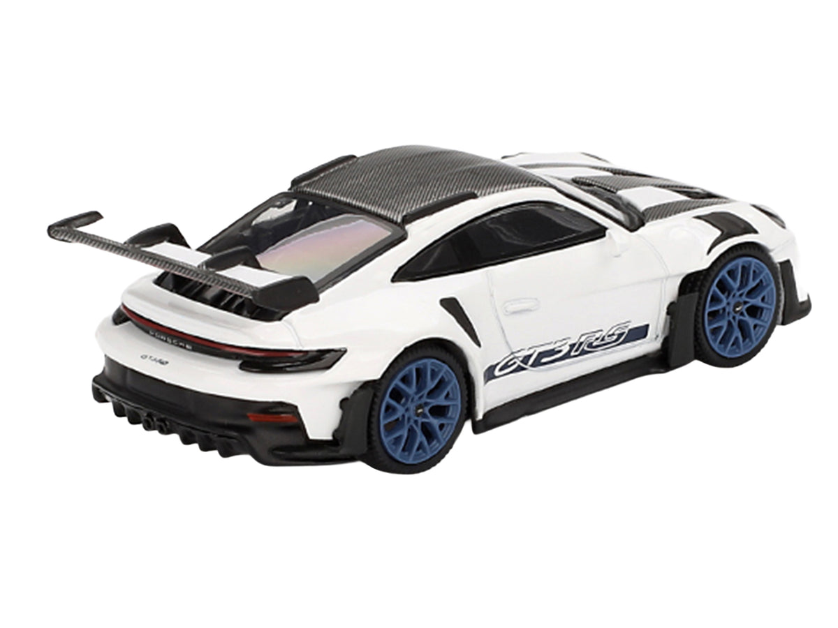 Porsche 911 (992) GT3 RS Weissach Package White with Carbon Top and Hood and Indigo Blue Wheels Limited Edition 1/64 Diecast Model Car by Mini GT - image 4