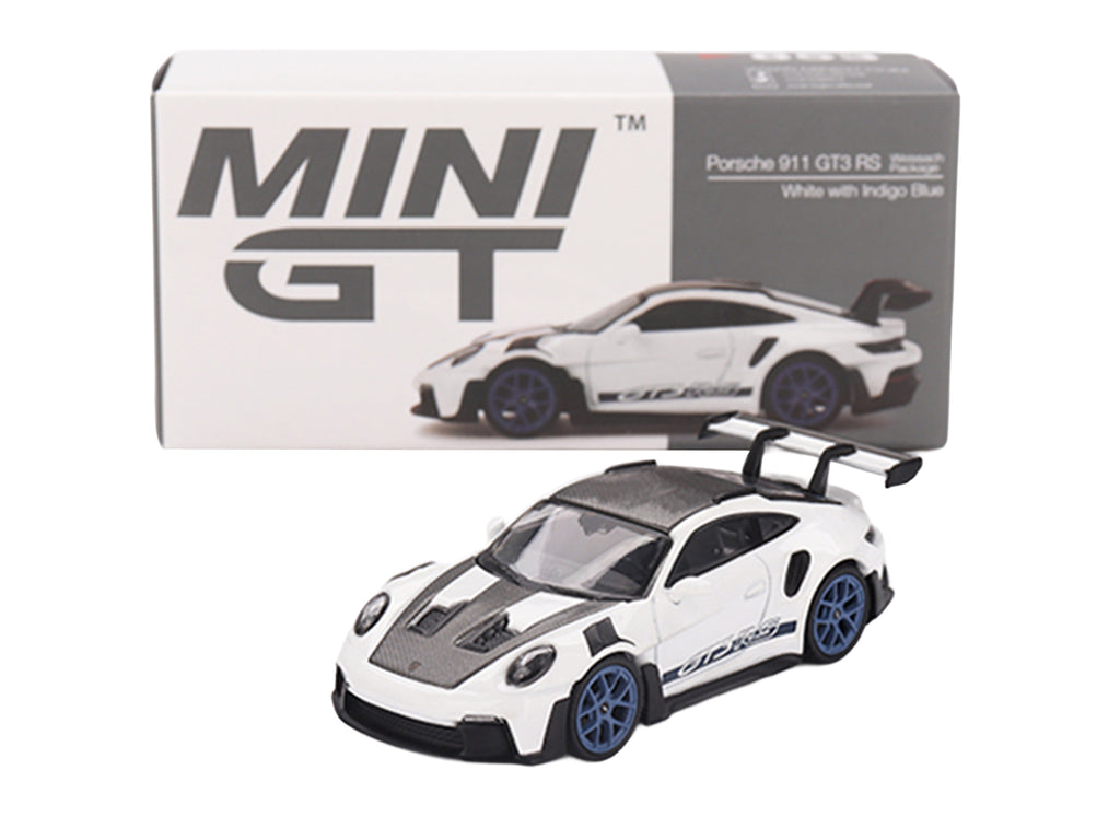 Porsche 911 (992) GT3 RS Weissach Package White with Carbon Top and Hood and Indigo Blue Wheels Limited Edition 1/64 Diecast Model Car by Mini GT - image 5