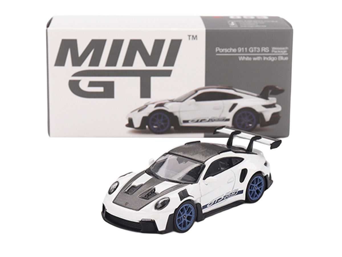 Porsche 911 (992) GT3 RS Weissach Package White with Carbon Top and Hood and Indigo Blue Wheels Limited Edition 1/64 Diecast Model Car by Mini GT - image 5