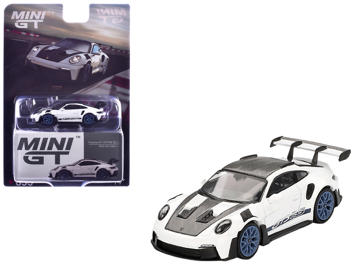 Porsche 911 (992) GT3 RS Weissach Package White with Carbon Top and Hood and Indigo Blue Wheels Limited Edition 1/64 Diecast Model Car by Mini GT