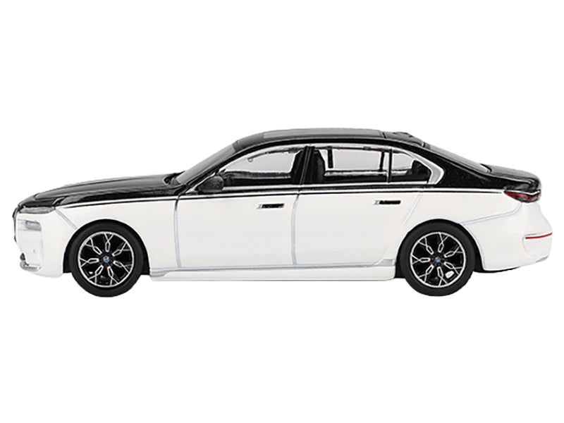 BMW i7 xDrive60 Dravit Alpine White and Black Sapphire Limited Edition 1/64 Diecast Model Car by Mini GT - image 2