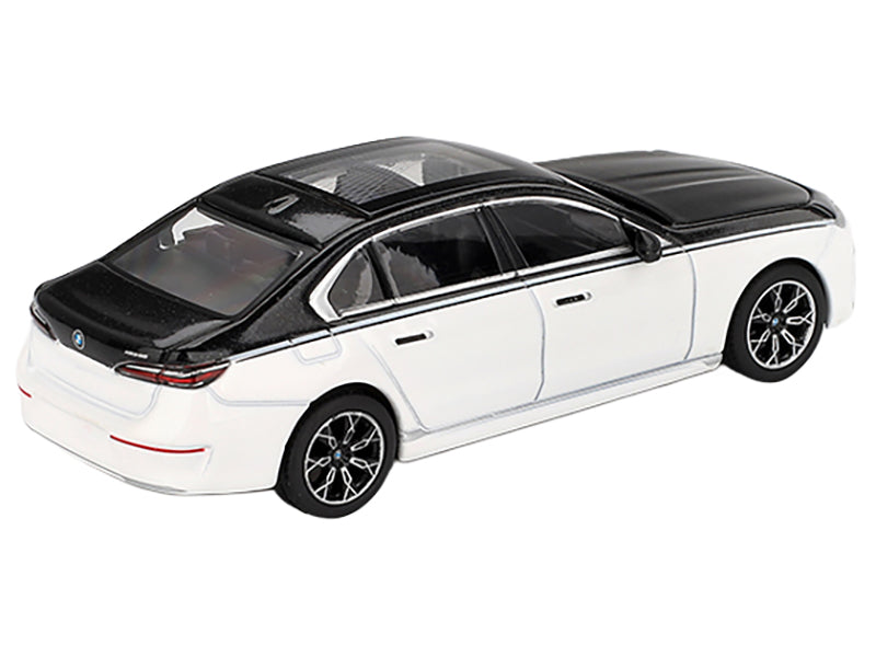 BMW i7 xDrive60 Dravit Alpine White and Black Sapphire Limited Edition 1/64 Diecast Model Car by Mini GT - image 3