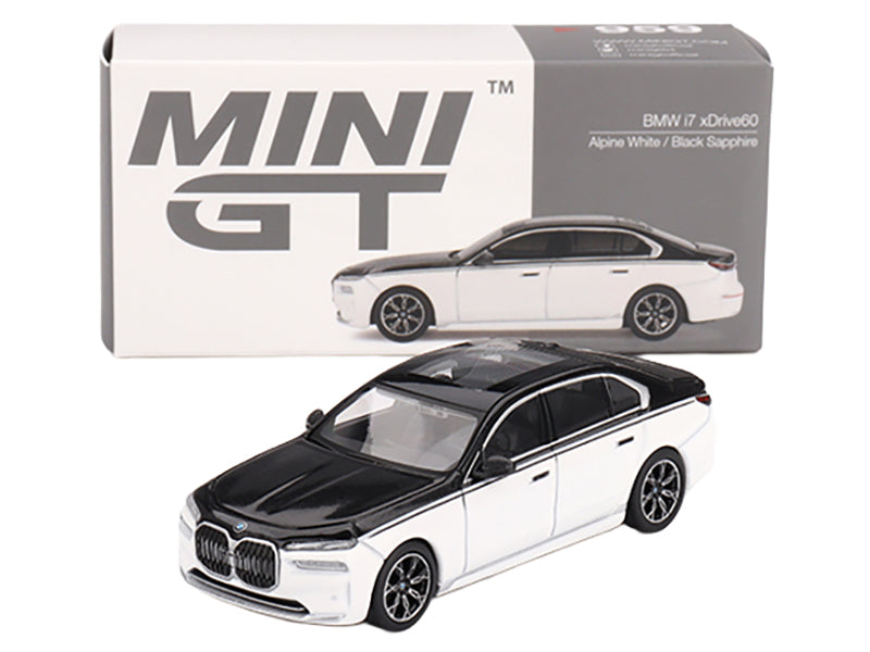 BMW i7 xDrive60 Dravit Alpine White and Black Sapphire Limited Edition 1/64 Diecast Model Car by Mini GT - image 4