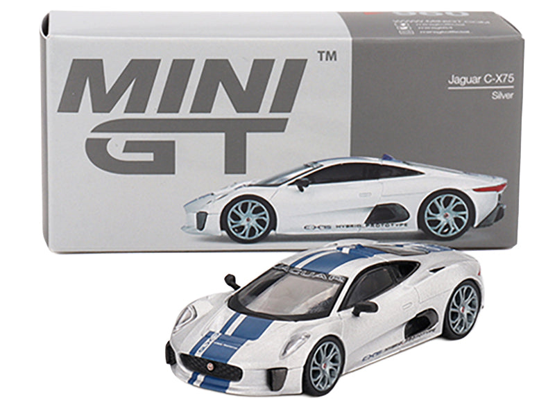 Jaguar C-X75 Silver Metallic with Blue Stripes Limited Edition 1/64 Diecast Model Car by Mini GT - image 4