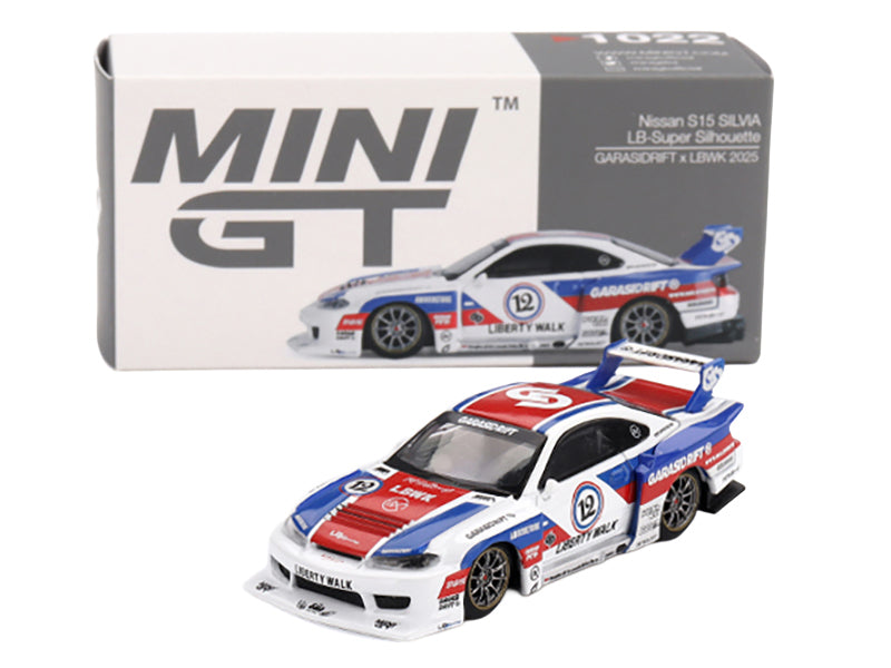 Nissan "LB-Super Silhouette" S15 SILVIA RHD (Right Hand Drive) "GARASIDRIFT x LBWK 2025" White with Blue and Red Stripes Limited Edition 1/64 Diecast Model Car by Mini GT - image 4