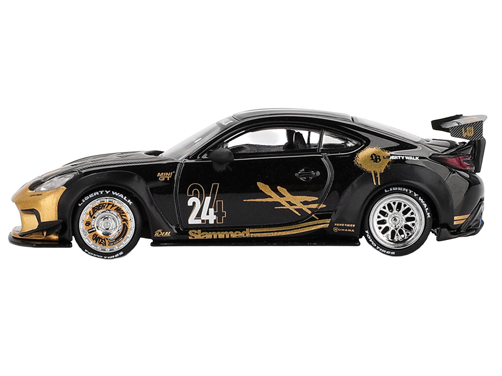 Toyota GR86 "LB-Nation - Liberty Walk" #24 Black with Carbon Hood and Gold Graphics Limited Edition 1/64 Diecast Model Car by Mini GT - image 2